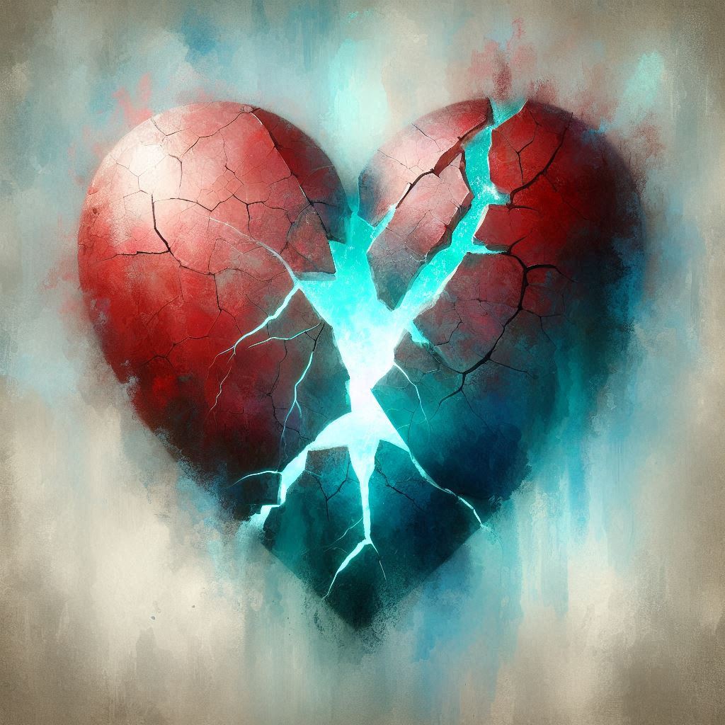 Abstract digital artwork of a broken ceramic heart shaped vessel mended with intense glowing aqua