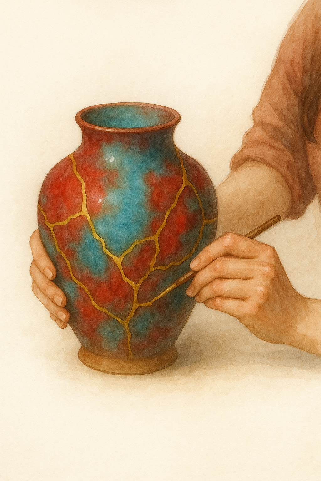 Abstract digital artwork of a broken ceramic heart shaped vessel mended with intense glowing aqua